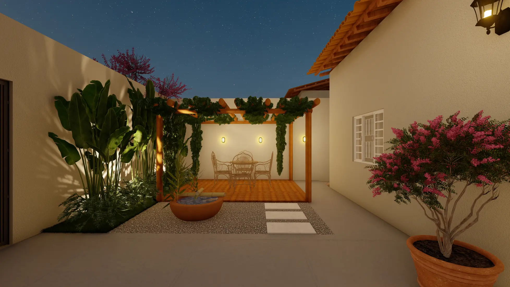 Pátio com jardim iluminado, imagem ilustrativa