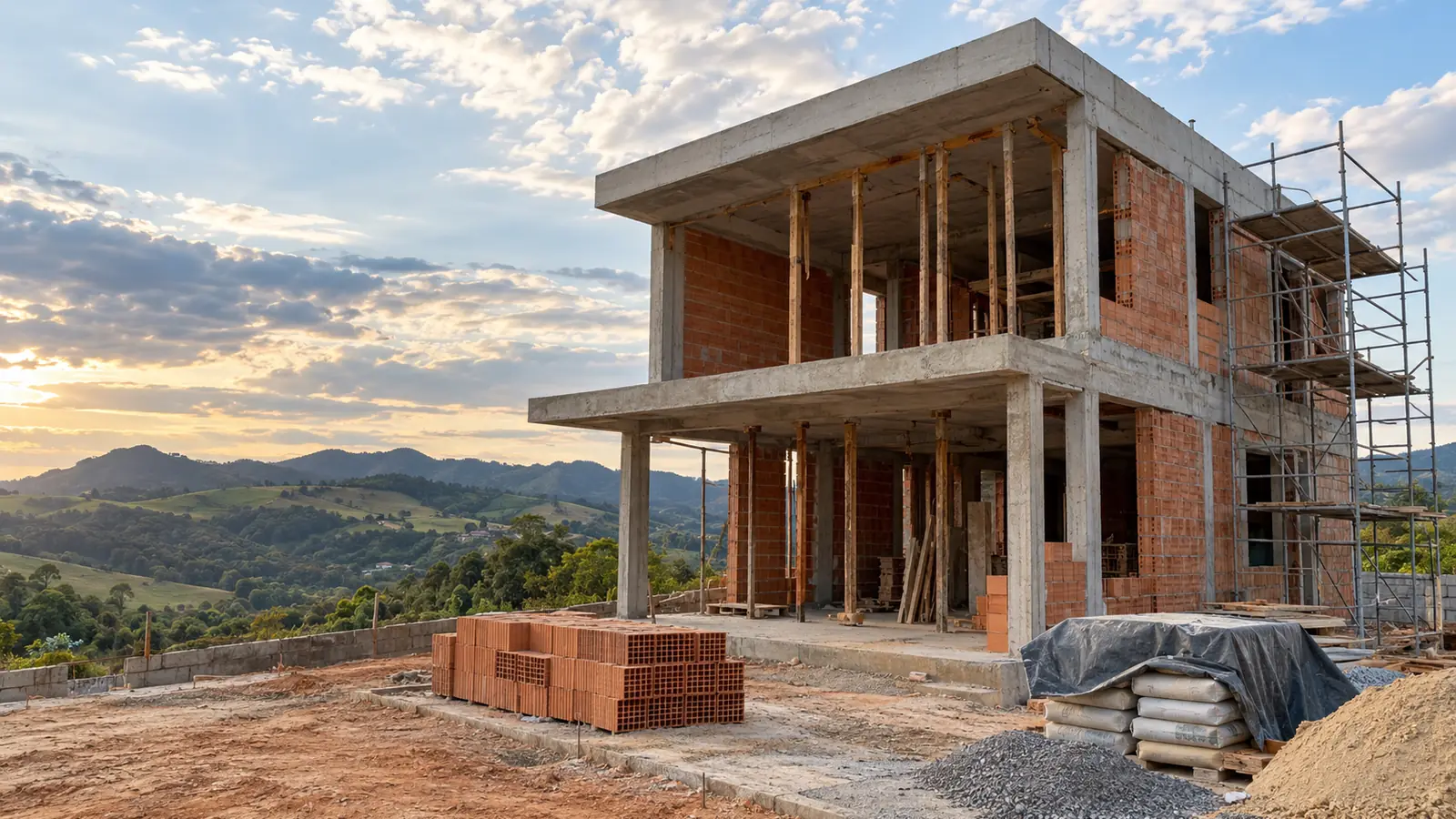 Sobrado em construção, com a estrutura e a alvenaria levantadas